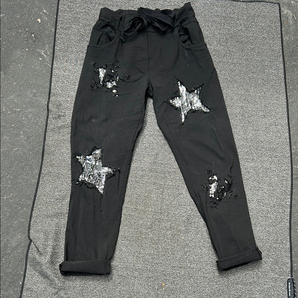 Venti6 NWOT Black Star-Patterned Stretchy Drawstring Waist Soft Leggings! Size S